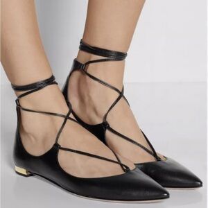 Aquazzura Black Leather Pointed Lace-Up Flats